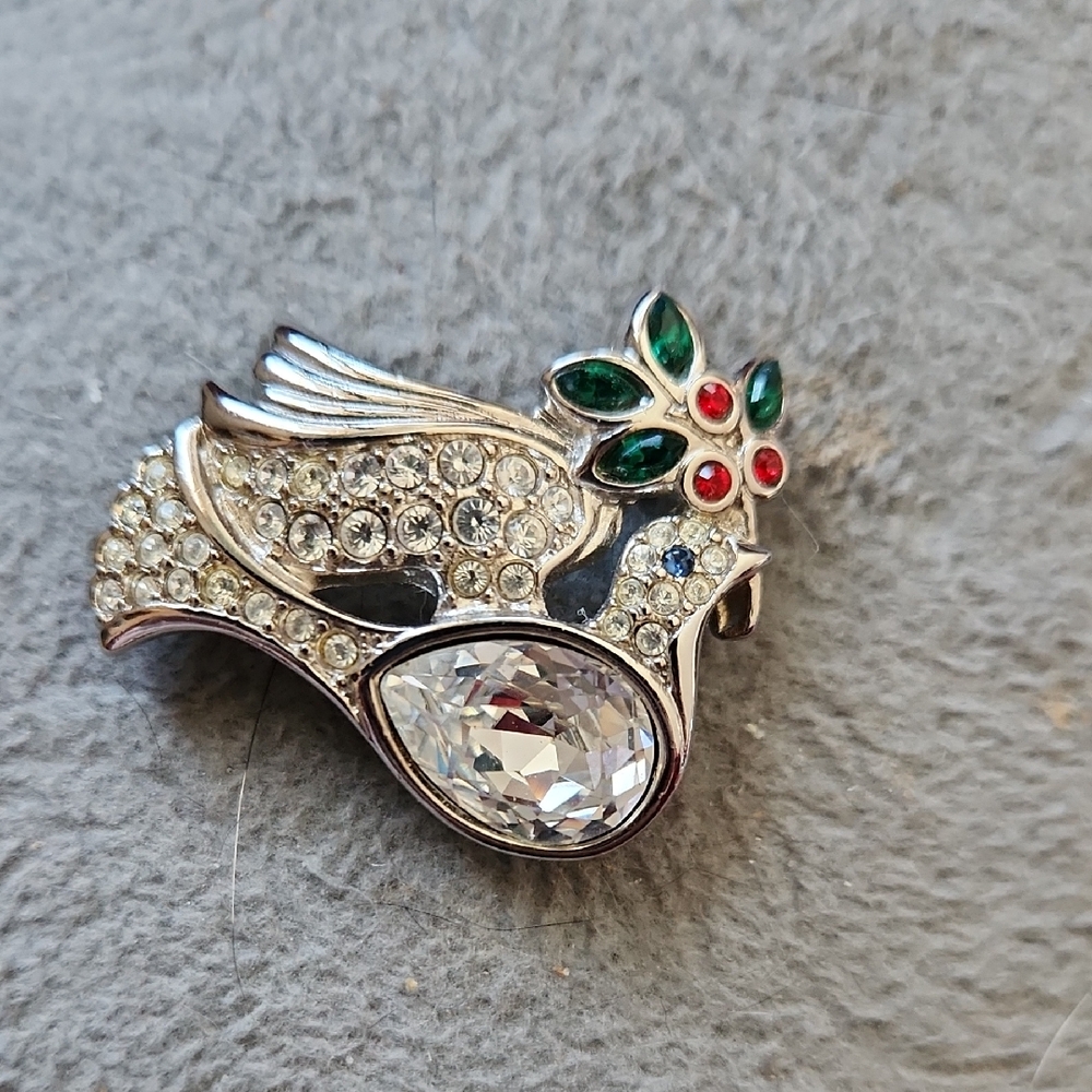 Swarovski Silver Brooch with Crystal and Red Green Accents